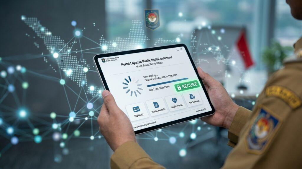Ilustrasi transformasi digital pelayanan publik melalui aplikasi portal pemerintahan yang cepat dan terintegrasi