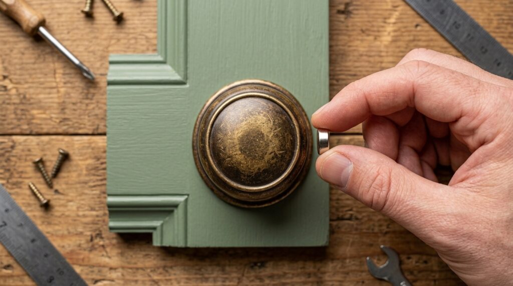 Performing the magnet test on a brass door knob to check if it is solid brass or plated metal