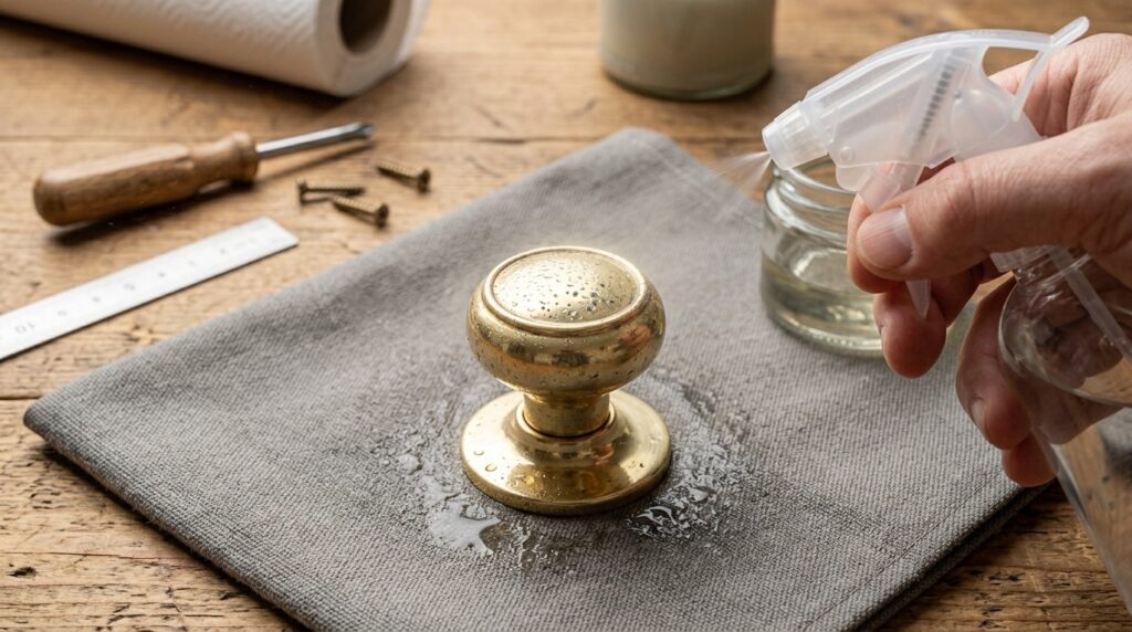 Spraying a vinegar and salt solution onto a raw brass door knob to accelerate the aging process