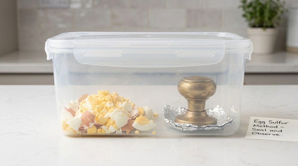 Aging a brass door knob inside a sealed container using the sulfur gas from hard-boiled eggs