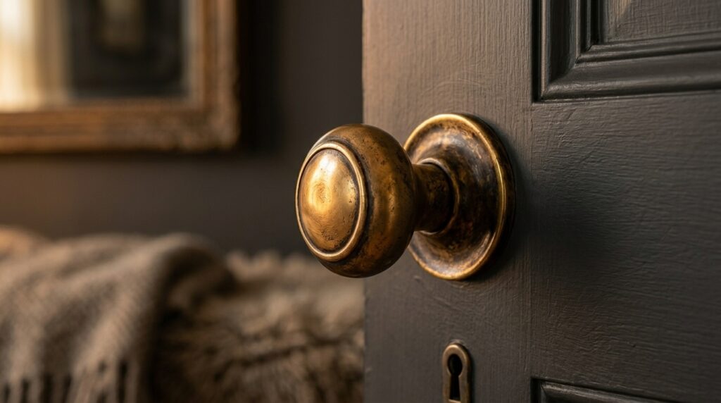 An antique brass door knob showing a beautiful living finish with dark crevices and highlighted golden touchpoints