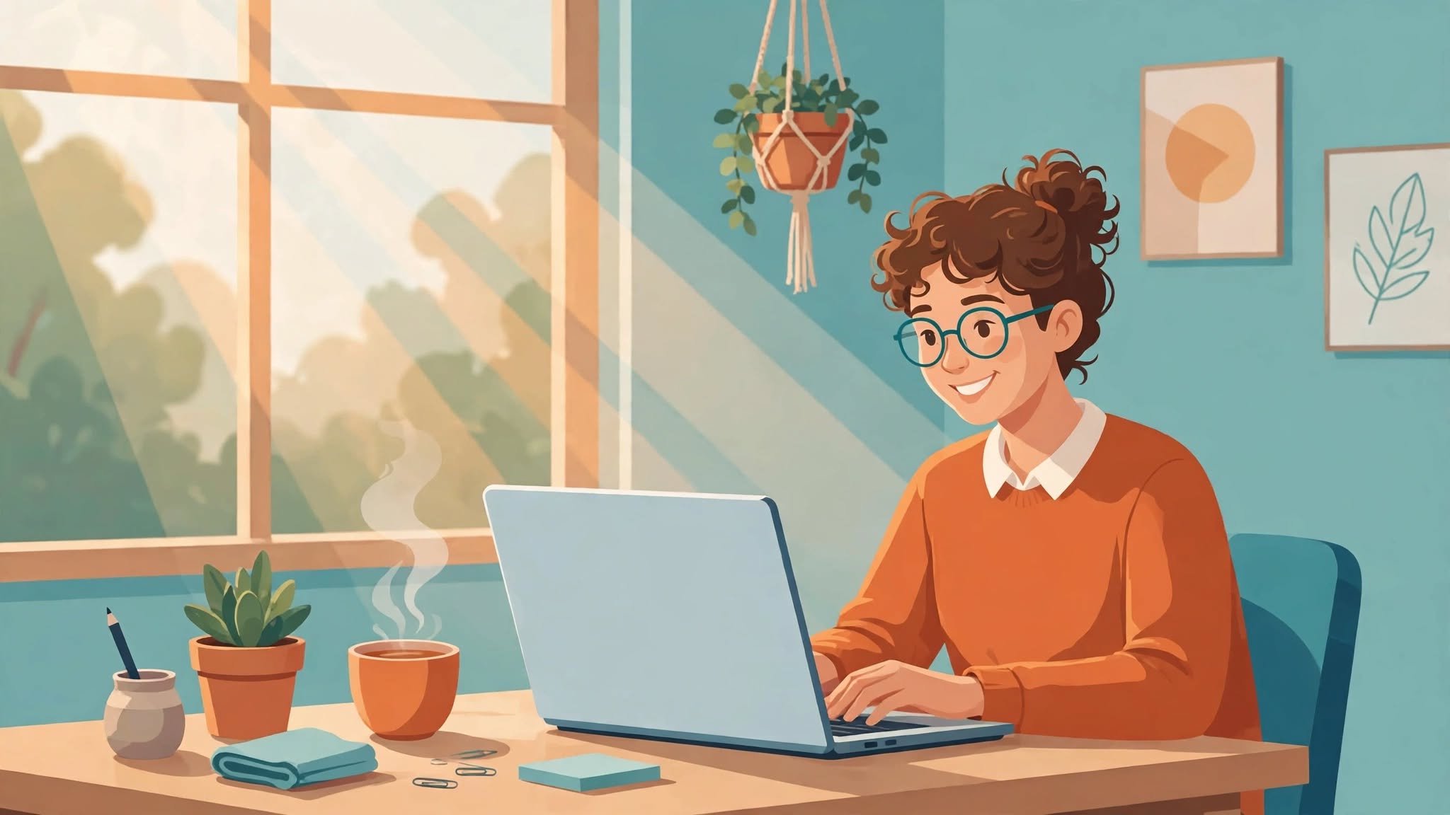 Person working from home on a laptop at a tidy desk
